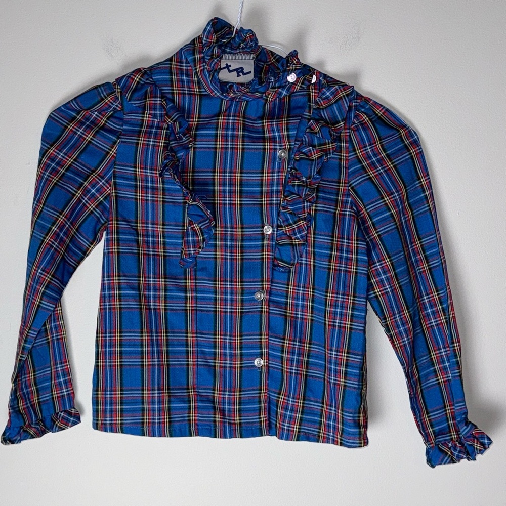 Vintage Girls Western TR Blue Plaid Ruffle Shirt 7